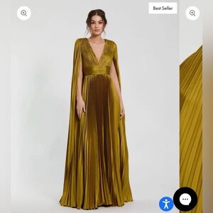 NWT! Mac Duggal Pleated Charmeuse V Neck Gown With Cape